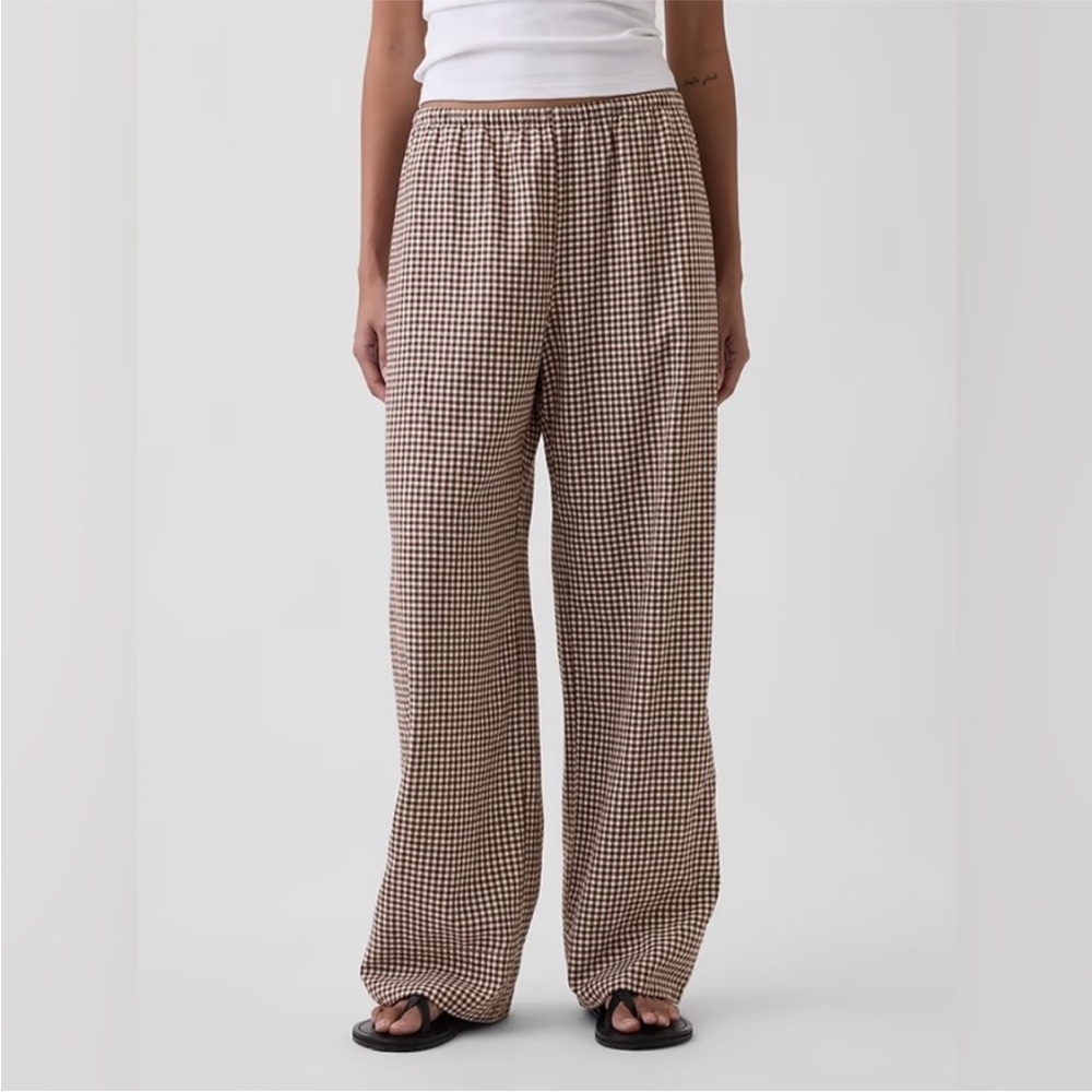 NEW! GAP Brown Plaid Linen-Blend Easy Wide-Leg Pants - Size Small Petite🩷 877623